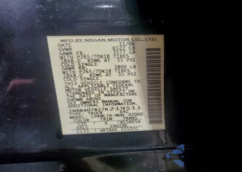 2007 Nissan Titan Xe из США, поврежденный, VIN 1N6BA07B17N219511